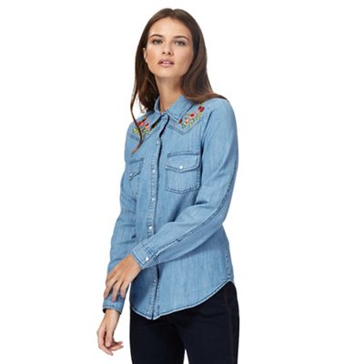 Blue denim embroidered button down shirt